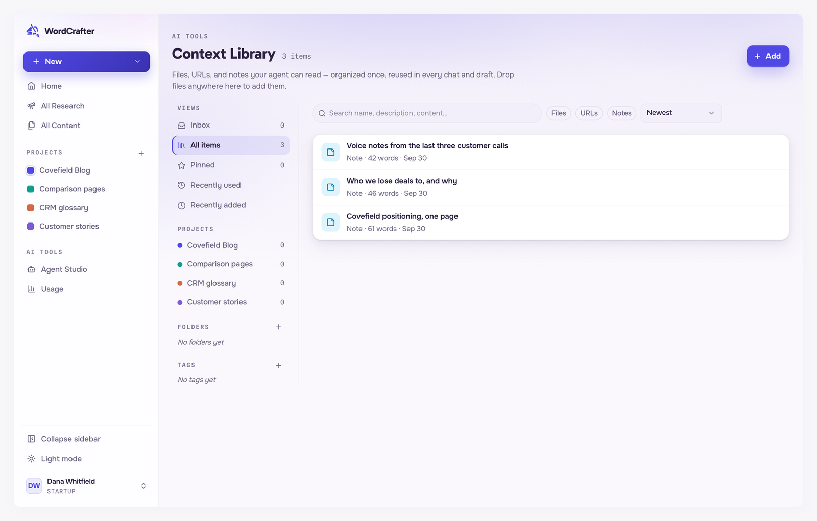 The Context Library with three notes, filters for Files, URLs and Notes, and a sidebar of views, projects, folders and tags