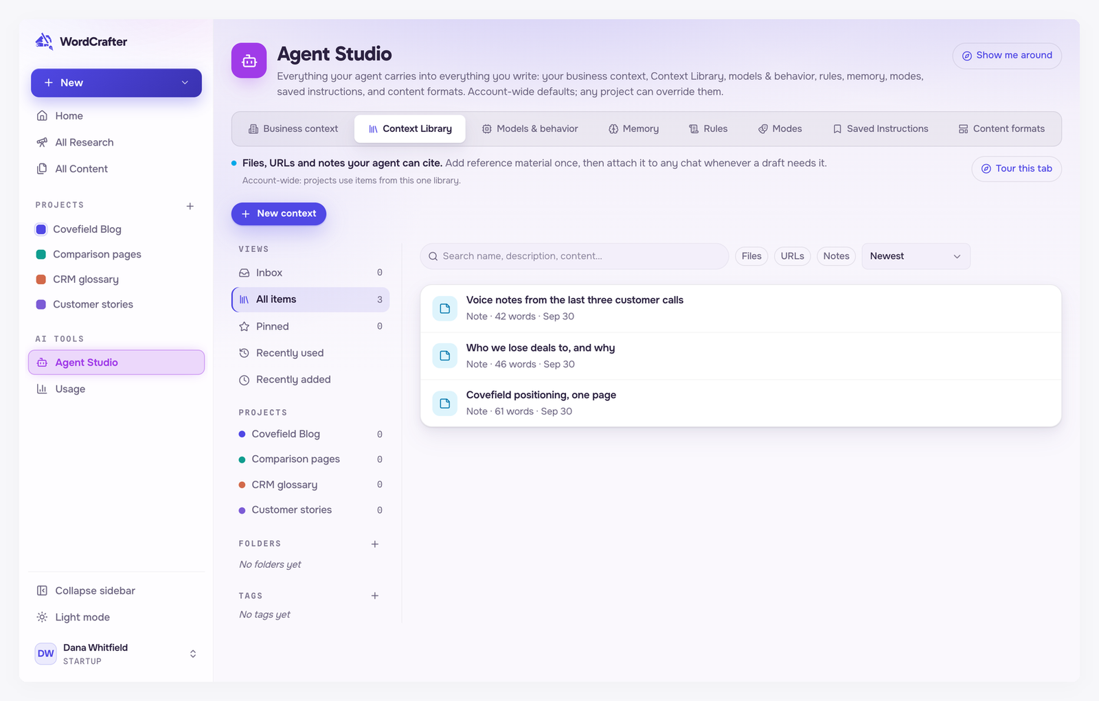 Agent Studio open on the Context Library tab, with the eight section tabs across the top and three notes in the library