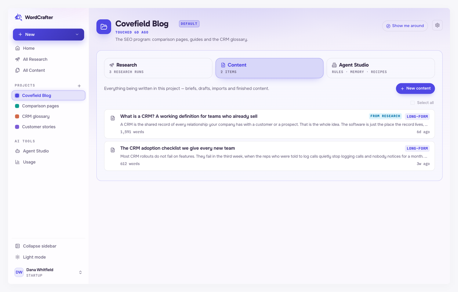The Covefield Blog project, marked Default, with a description in its header and Research, Content and Agent Studio tab cards below it, the Research card counting 3 research runs and the Content card 2 items, the Content tab open and showing two pieces of content