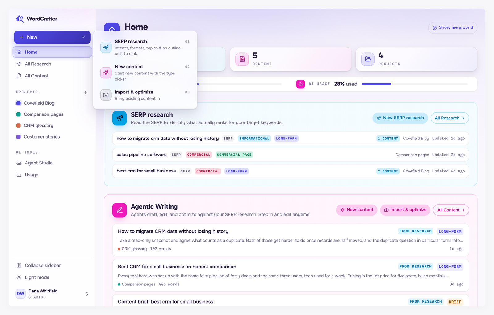 The New menu open over Home, listing 01 SERP research, 02 New content and 03 Import & optimize, each with a short description
