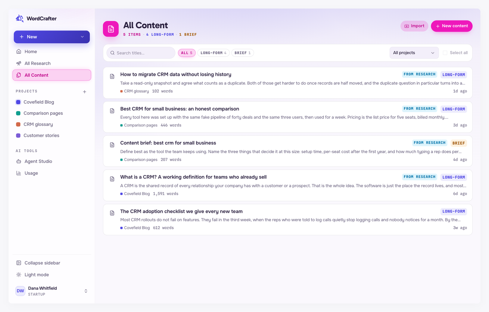 All Content listing five items, four long-form pieces and a brief, four of them tagged From research, with a title search, type filters, an All projects menu and Select all