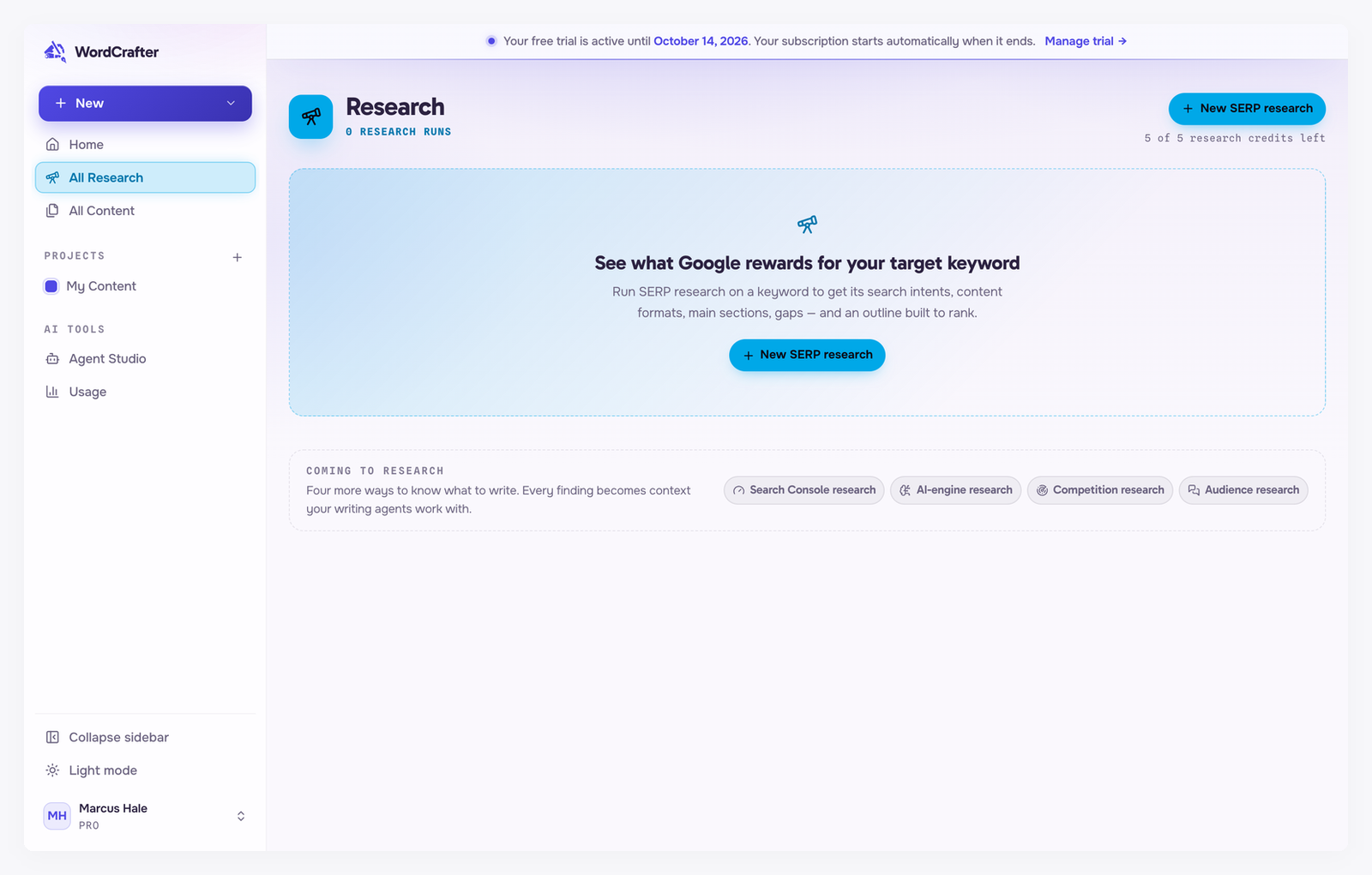 The empty All Research page, headed See what Google rewards before you write, with a New SERP research button and 5 of 5 research credits left