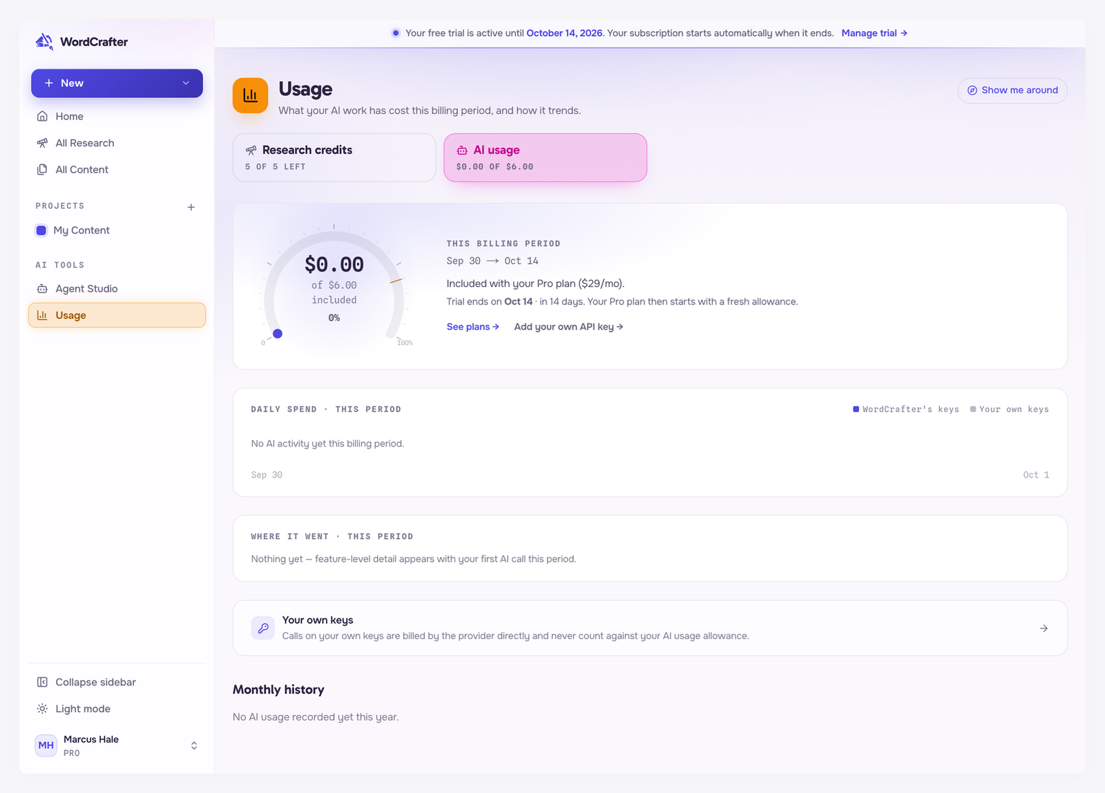The Usage page for a new account, on the Pro plan, showing $0.00 of $6.00 of AI usage included this billing period and 5 of 5 research credits left