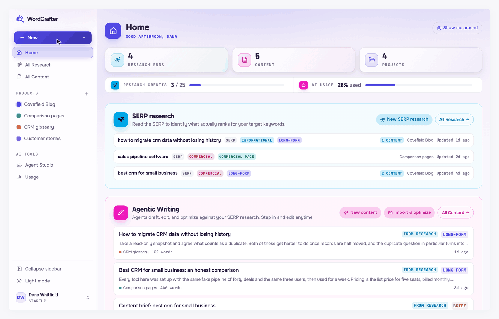 Animation: clicking New opens a menu with SERP research, New content and Import and optimize; clicking New content opens the What are you making? dialog with Long-form content selected
