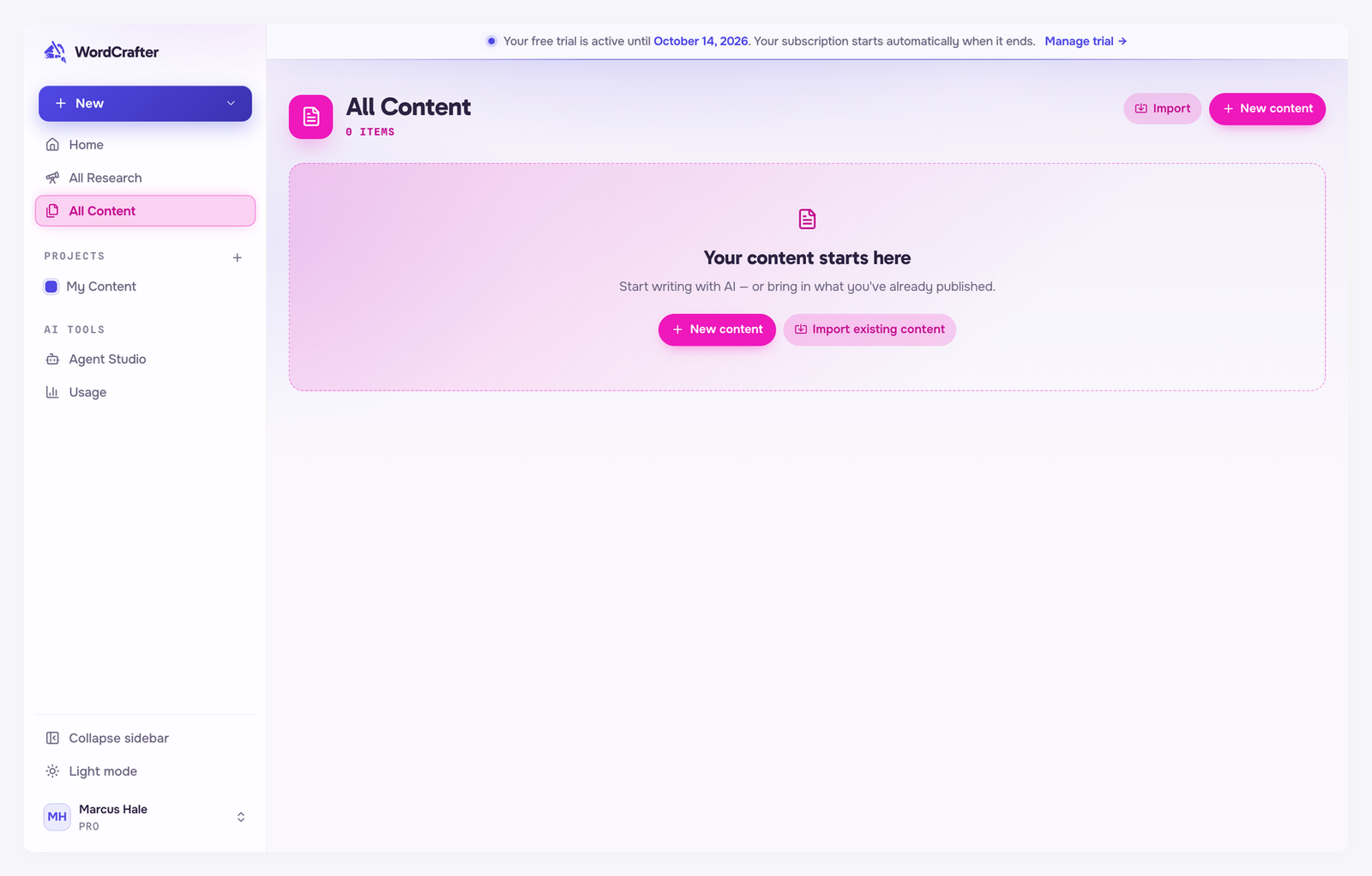 The empty All Content screen, headed Your content starts here, with New content and Import existing content buttons