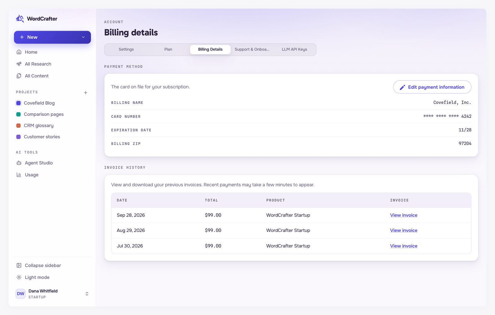 The Billing details page, showing the card on file with its billing name, last four digits, expiration date and billing ZIP, above an invoice history of three monthly $99.00 WordCrafter Startup payments, each with a View invoice link