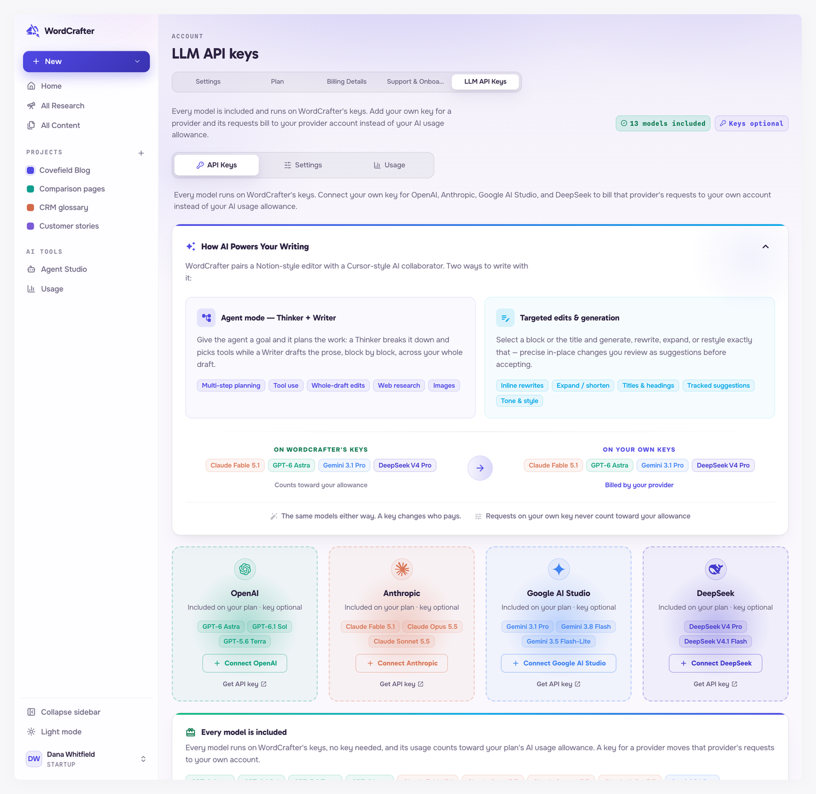 The API Keys tab on the LLM API keys page, showing 13 models included and keys optional, with a Connect button on the OpenAI, Anthropic, Google AI Studio and DeepSeek cards