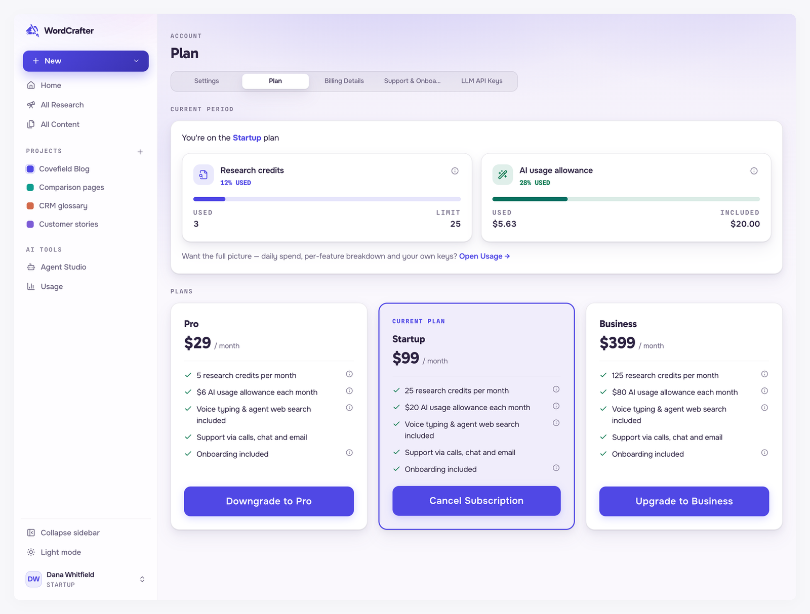 The Plan tab on the Startup plan, with research credits at 3 of 25 (12% used) and the AI usage allowance at $0.00 of $20.00 (0% used), above cards for the Pro, Startup and Business plans