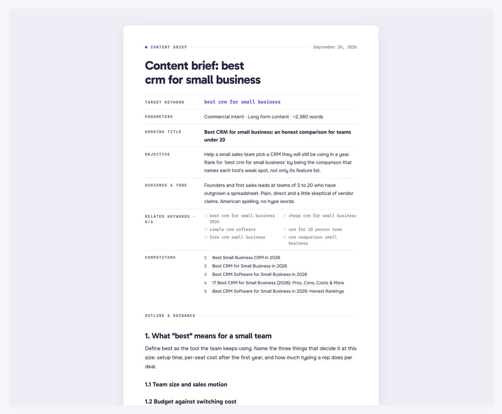 The public page of a shared content brief, showing the target keyword, parameters, working title, objective, audience and tone, related keywords, competitors and the start of the outline and guidance
