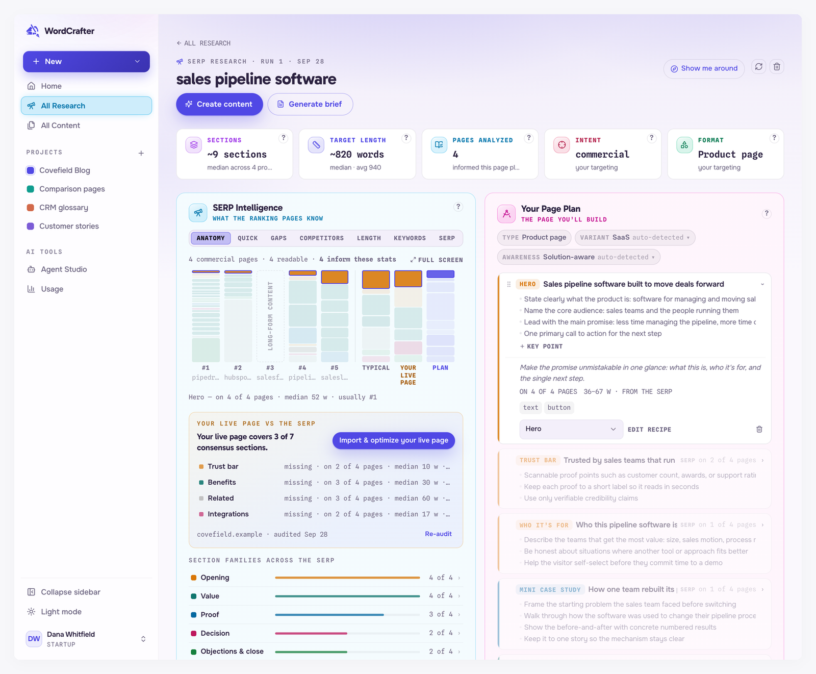A Hero section card opened in Your Page Plan, showing its key points, its purpose, evidence from 4 of 4 pages at 36 to 67 words, and suggested text and button blocks