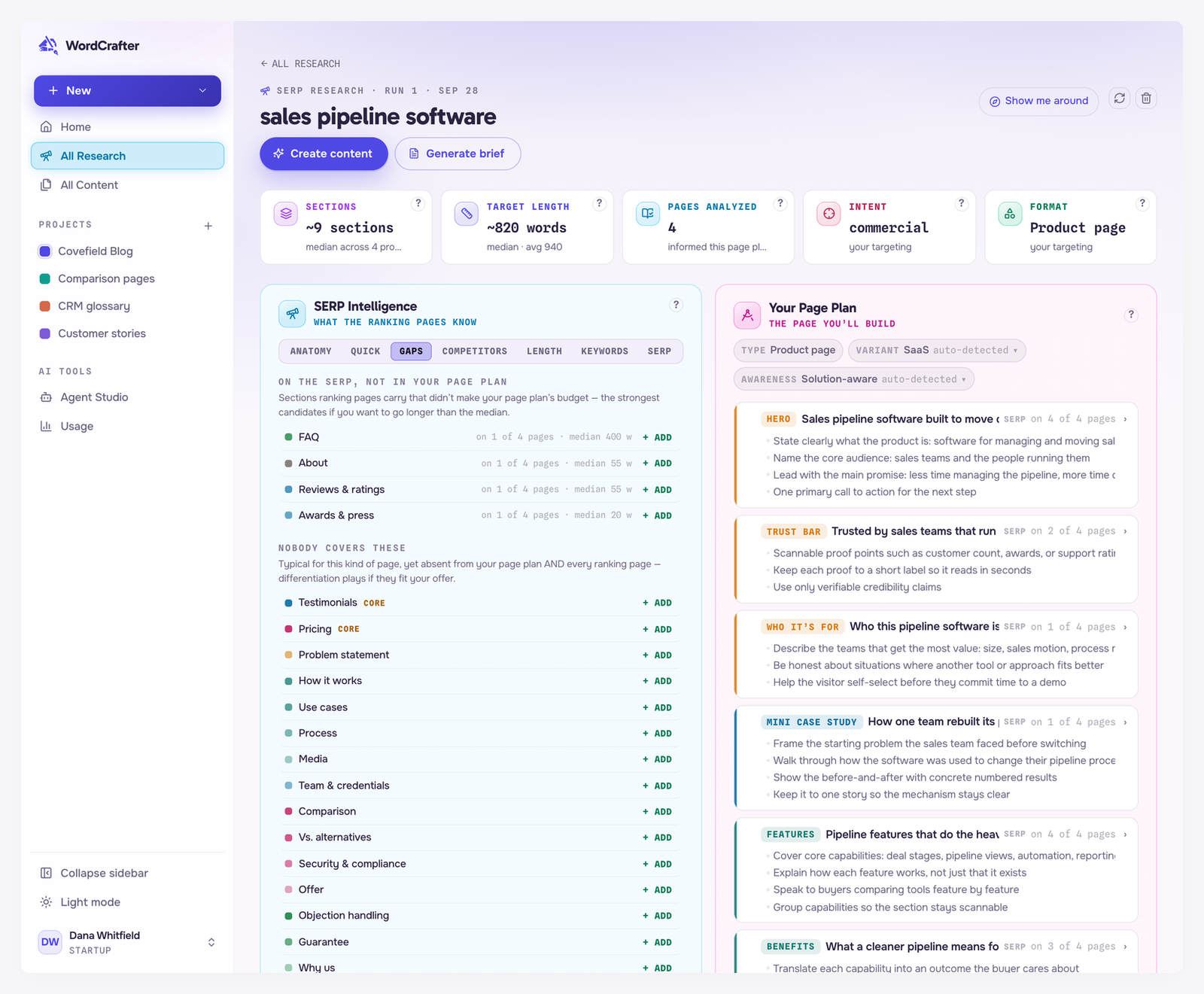 The Gaps tab, with FAQ, About, Reviews and ratings and Awards and press under On the SERP, not in your page plan, and a longer list under Nobody covers these, where Testimonials and Pricing are marked CORE