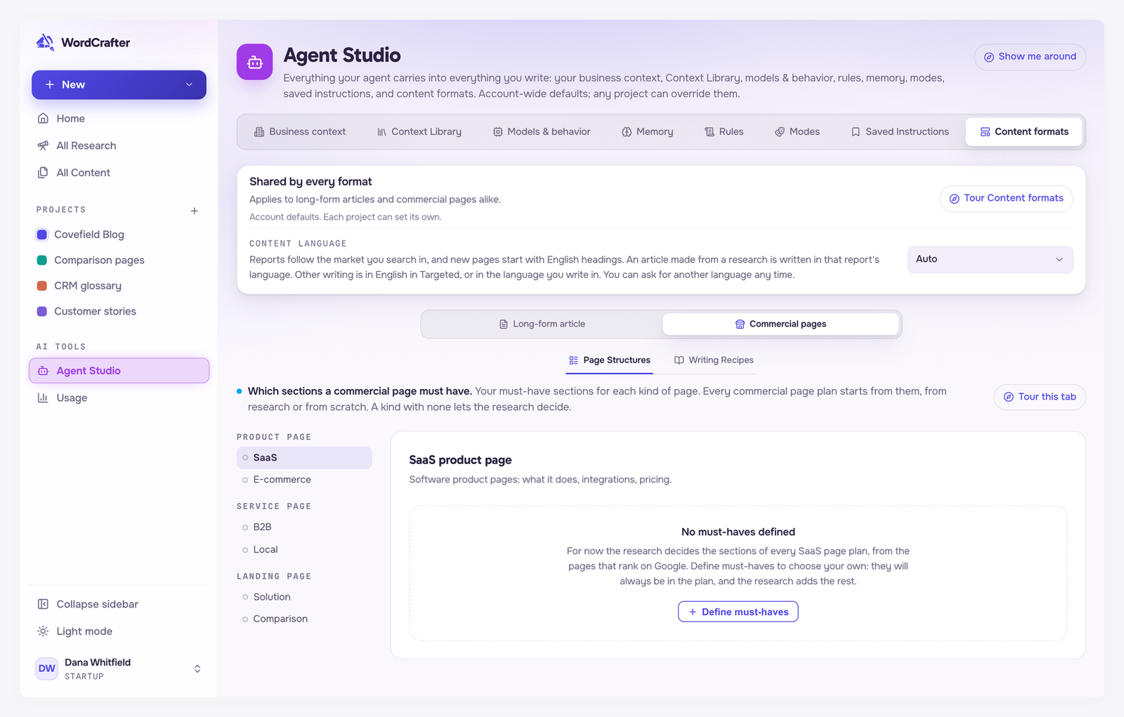 Page Structures in Agent Studio, with SaaS selected under Product page and no must-have sections defined yet