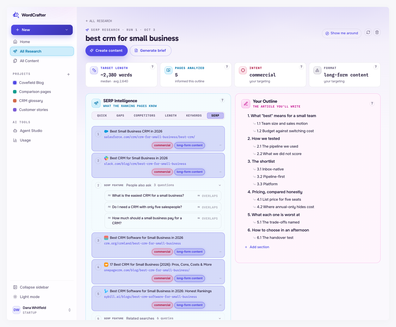 The SERP tab for best crm for small business: numbered ranking pages tagged commercial and long-form content, and a People also ask feature with three questions, each marked as overlapping a section of the outline