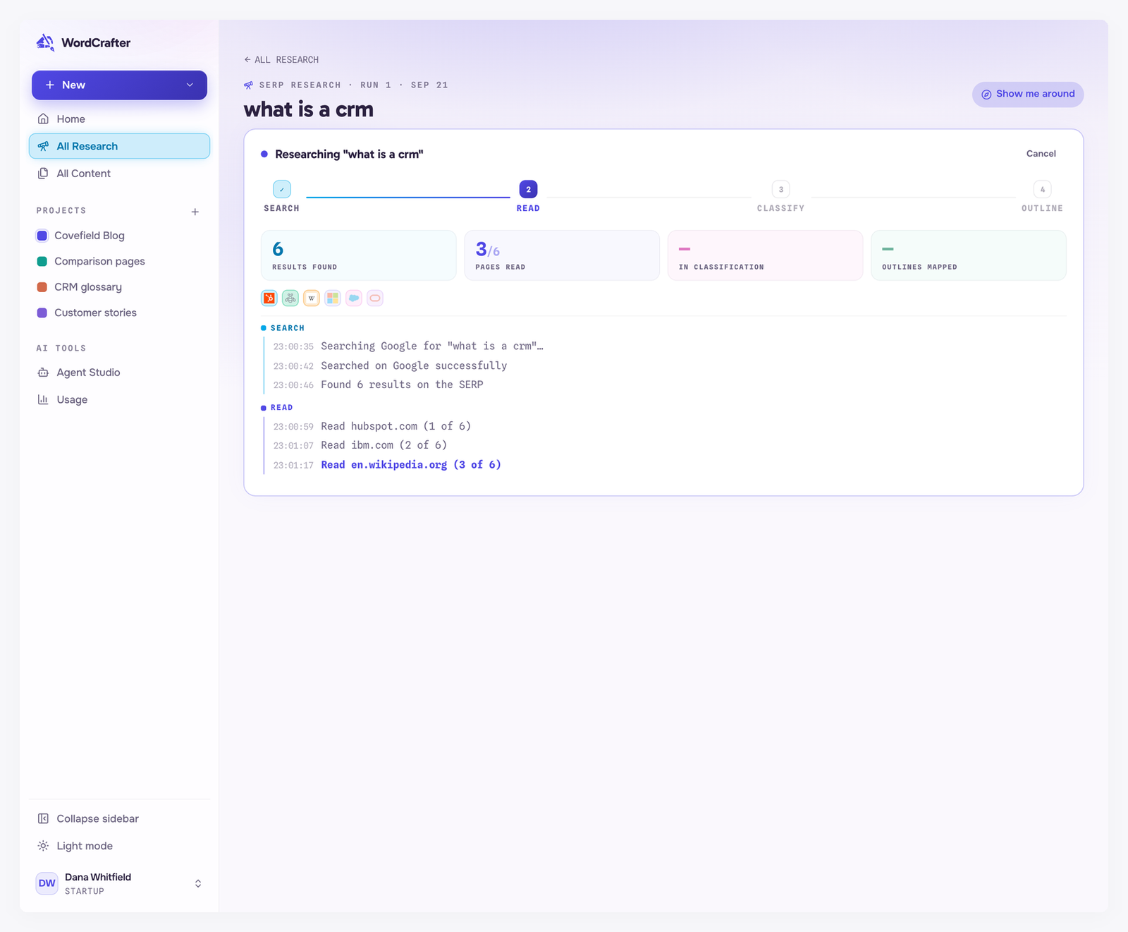 A research run for what is a crm in progress: the Search, Read, Classify and Outline stages with Read active, counters for results found and pages read, and a trail of the pages read so far