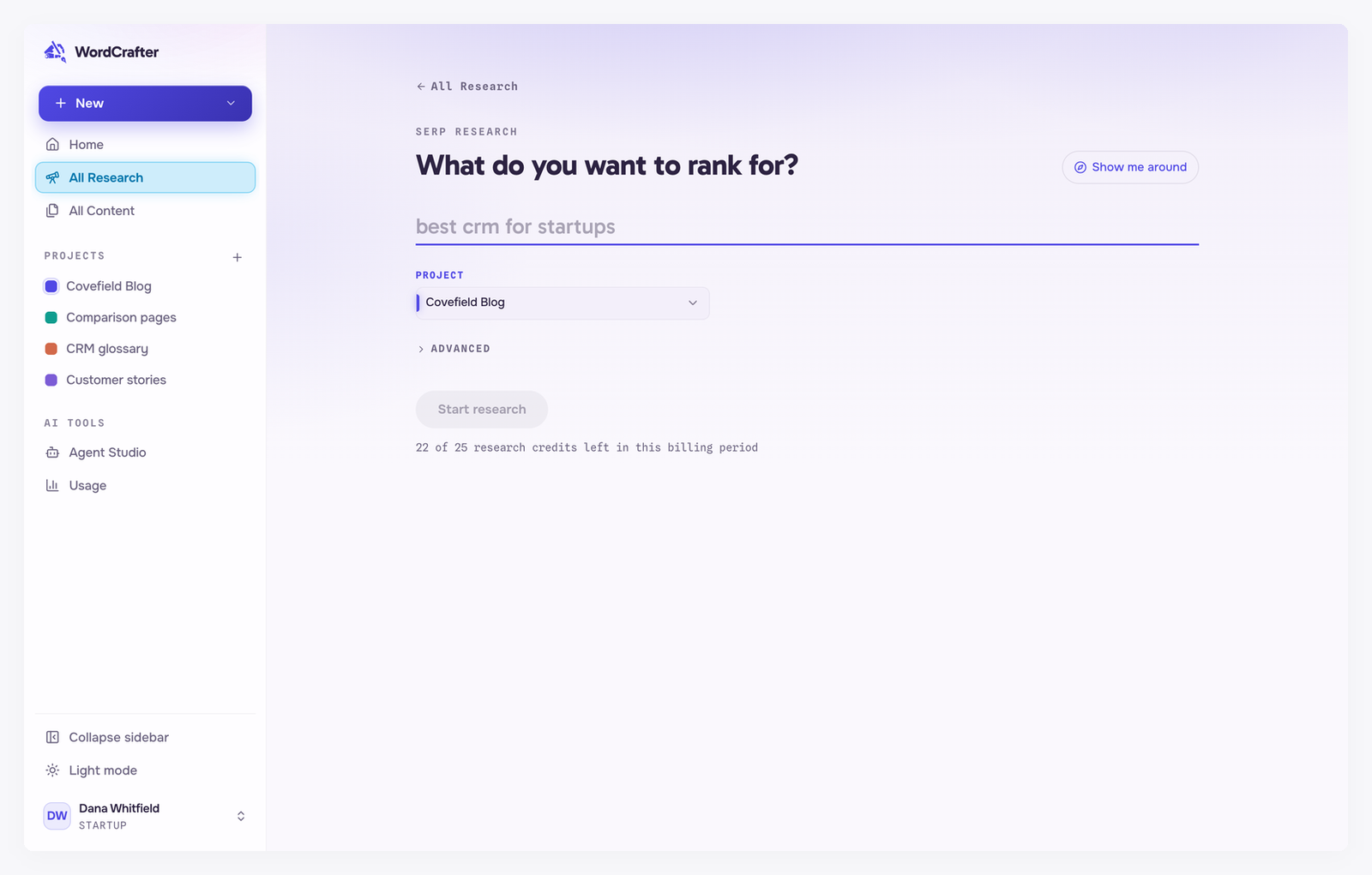 The new research form asking What do you want to rank for?, with a keyword field, the Covefield Blog project selected, a closed Advanced section and the Start research button above the credits left this month