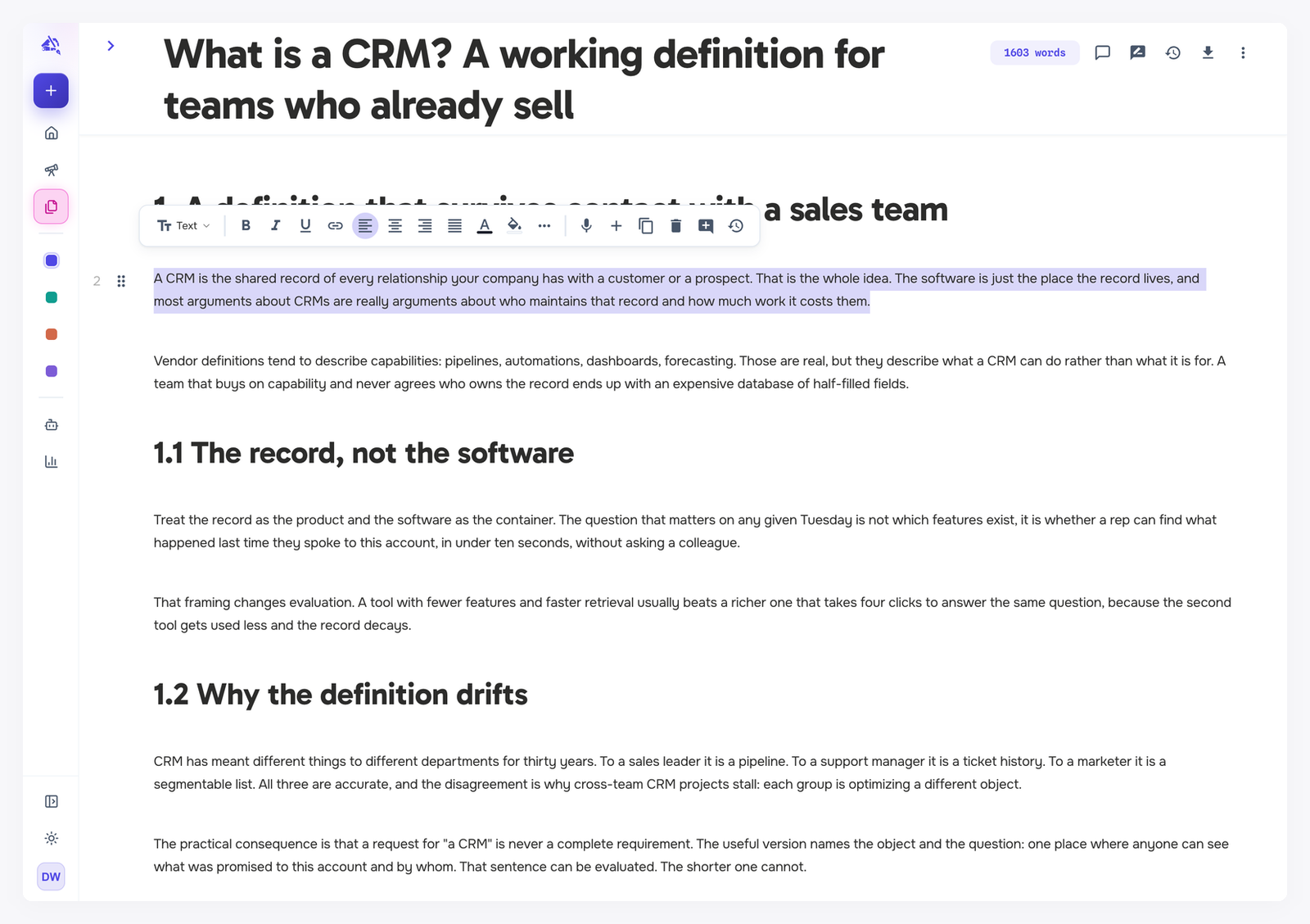 A selected paragraph with the formatting toolbar above it, showing the block type menu set to Text, bold, italic, underline, link, alignment, colors, voice input, add block, duplicate, delete, comment and history