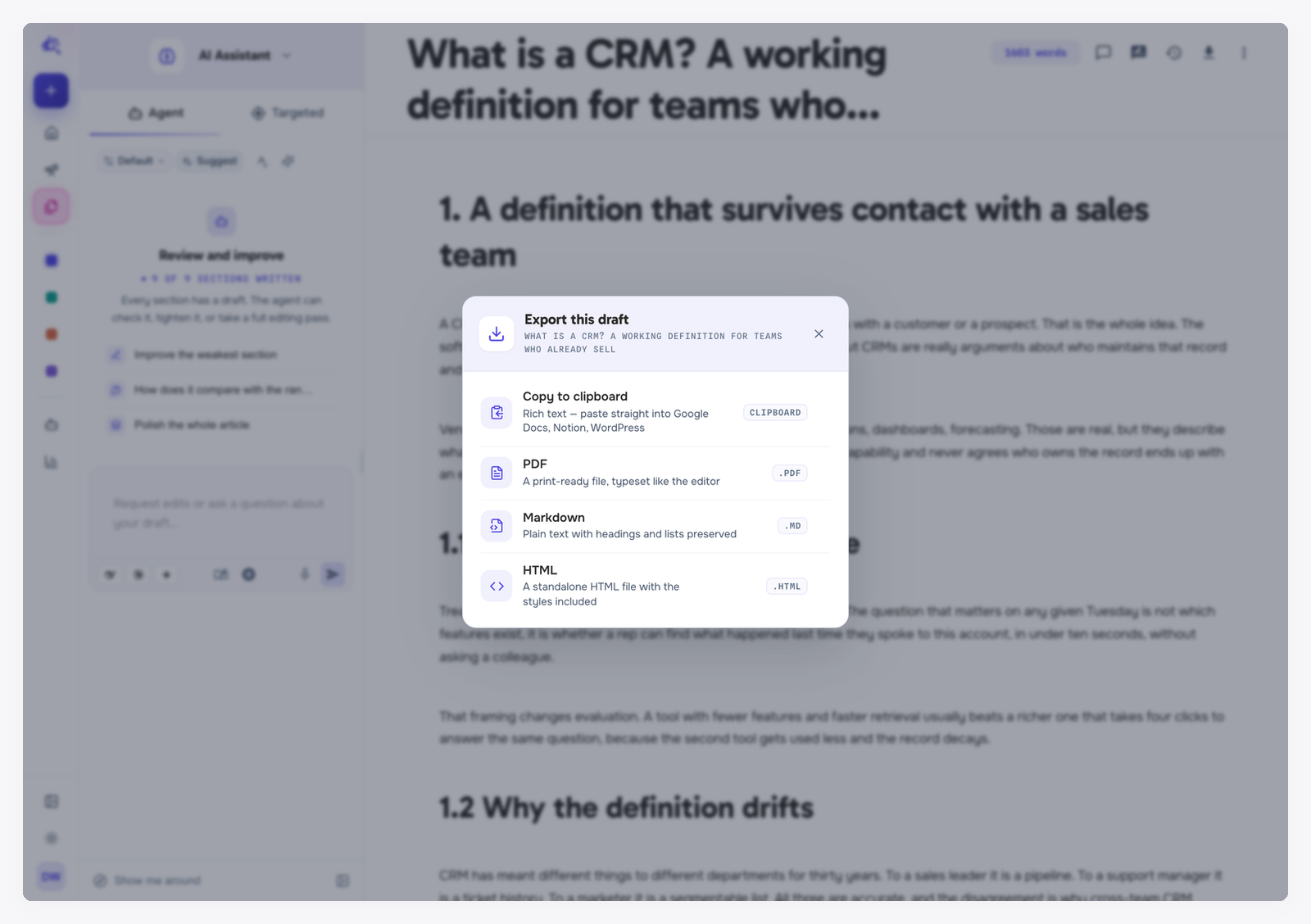 The Export this draft dialog listing Copy to clipboard, PDF, Markdown and HTML, each with a short description