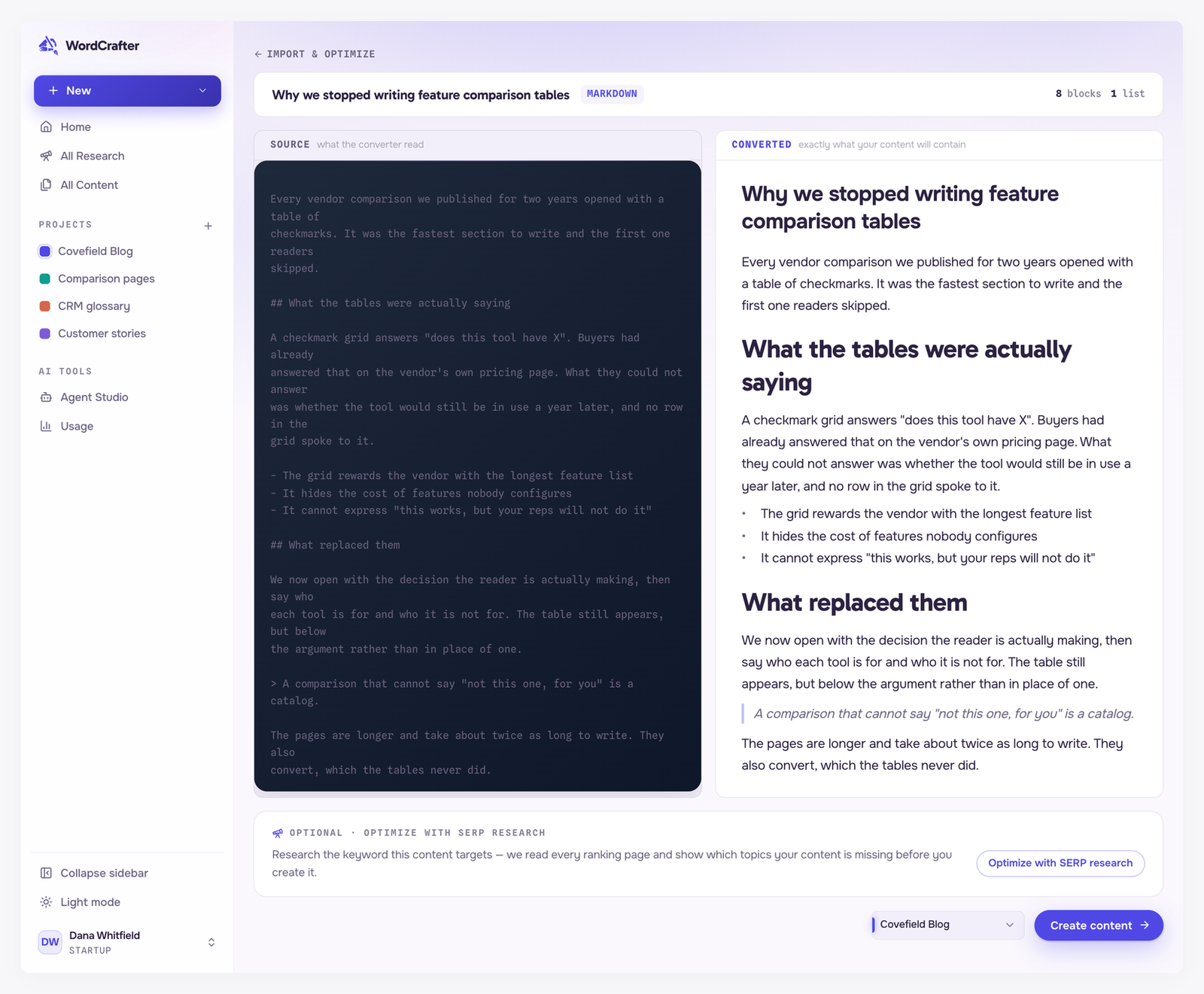 The import preview for a Markdown article, with the source Markdown on the left, the converted article on the right, a count of 8 blocks and 1 list, an optional Optimize with SERP research panel, a project picker and a Create content button