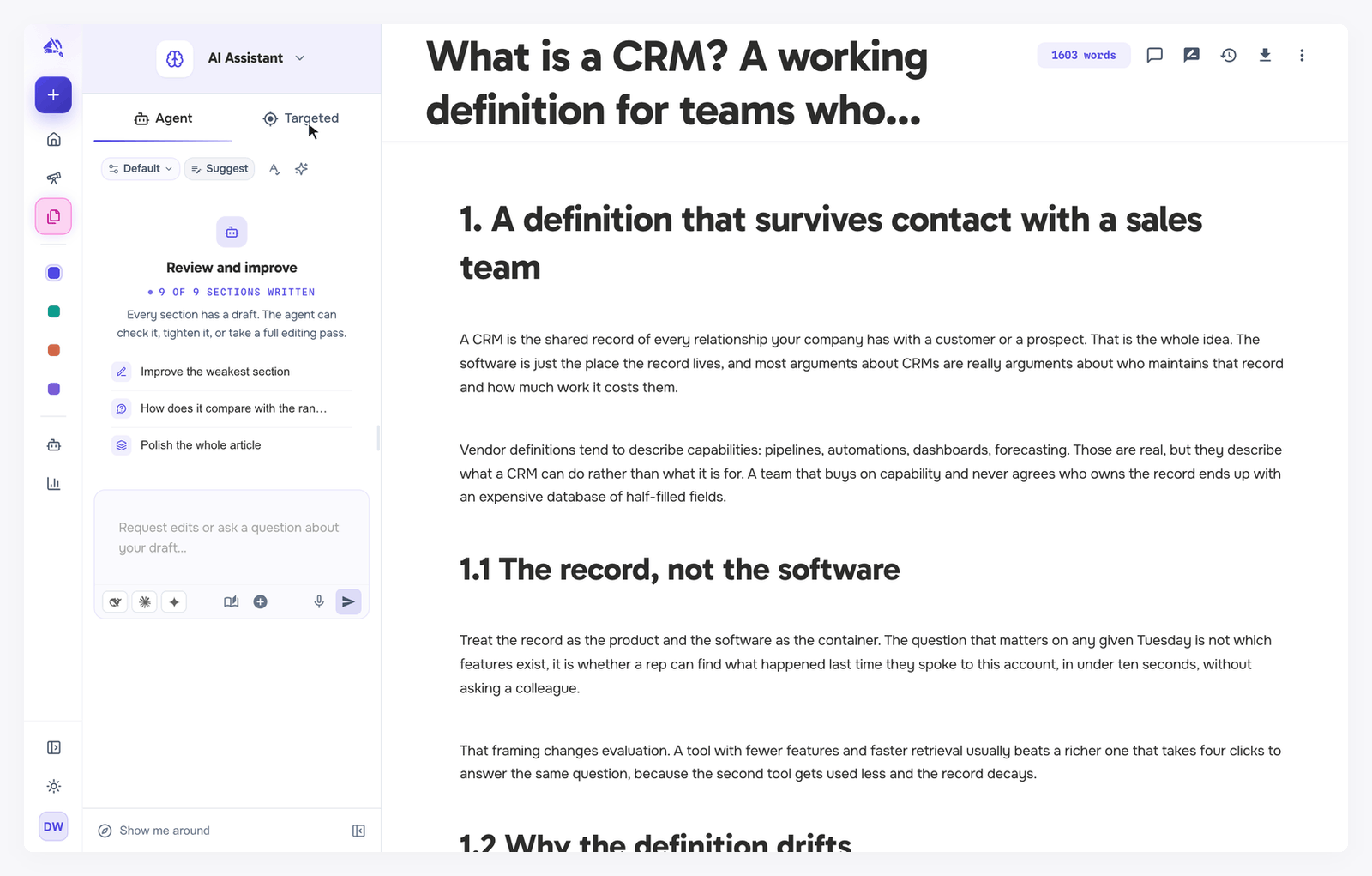 Animation: opening the Targeted tab, then clicking a paragraph in the draft; the Write and Edit buttons become active and a note reads Applies to: Block 2 (Text)