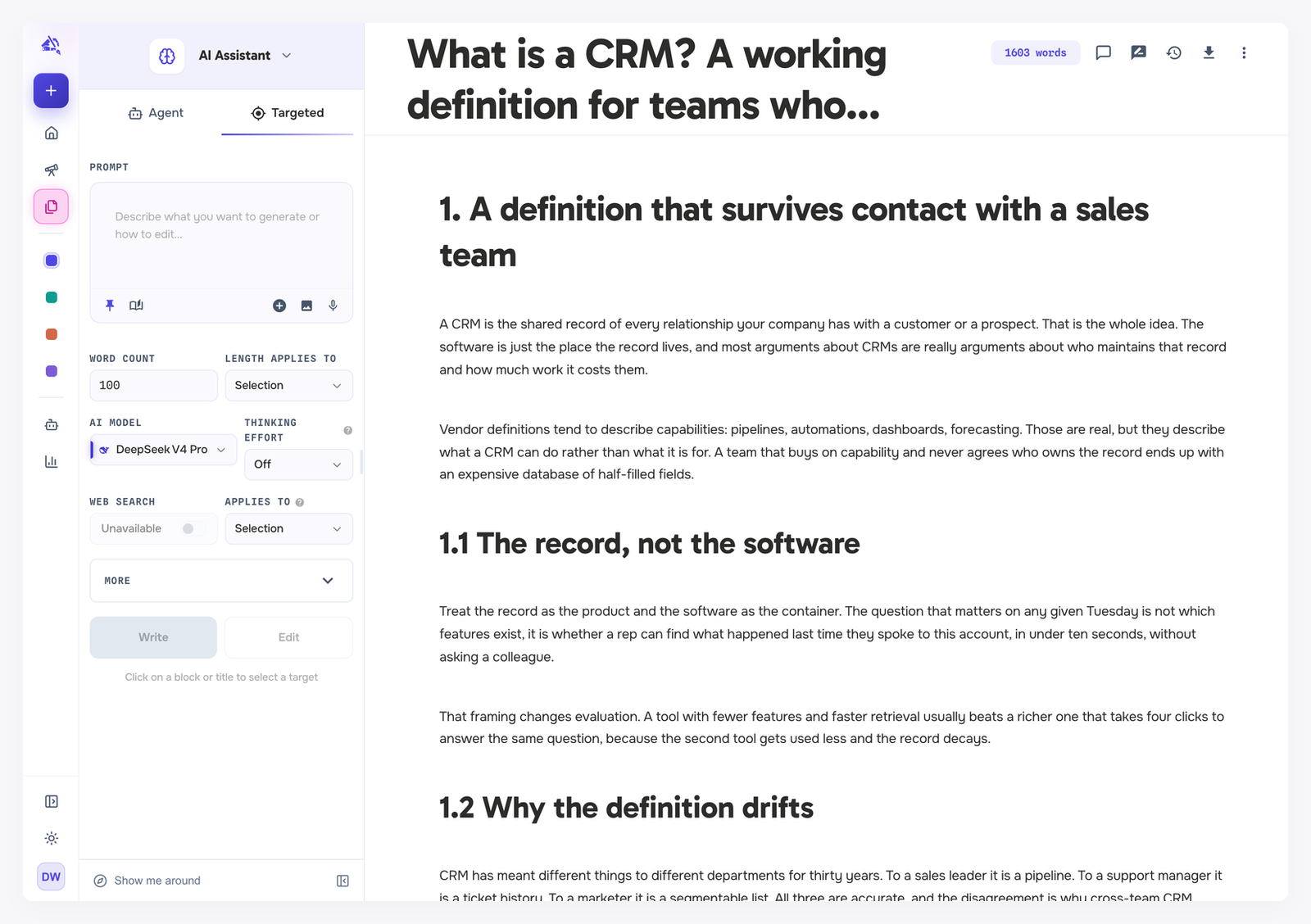 The Targeted tab with an empty prompt box, word count 100, Length applies to and Applies to set to Selection, an AI model and thinking effort, web search, a More section and the Write and Edit buttons