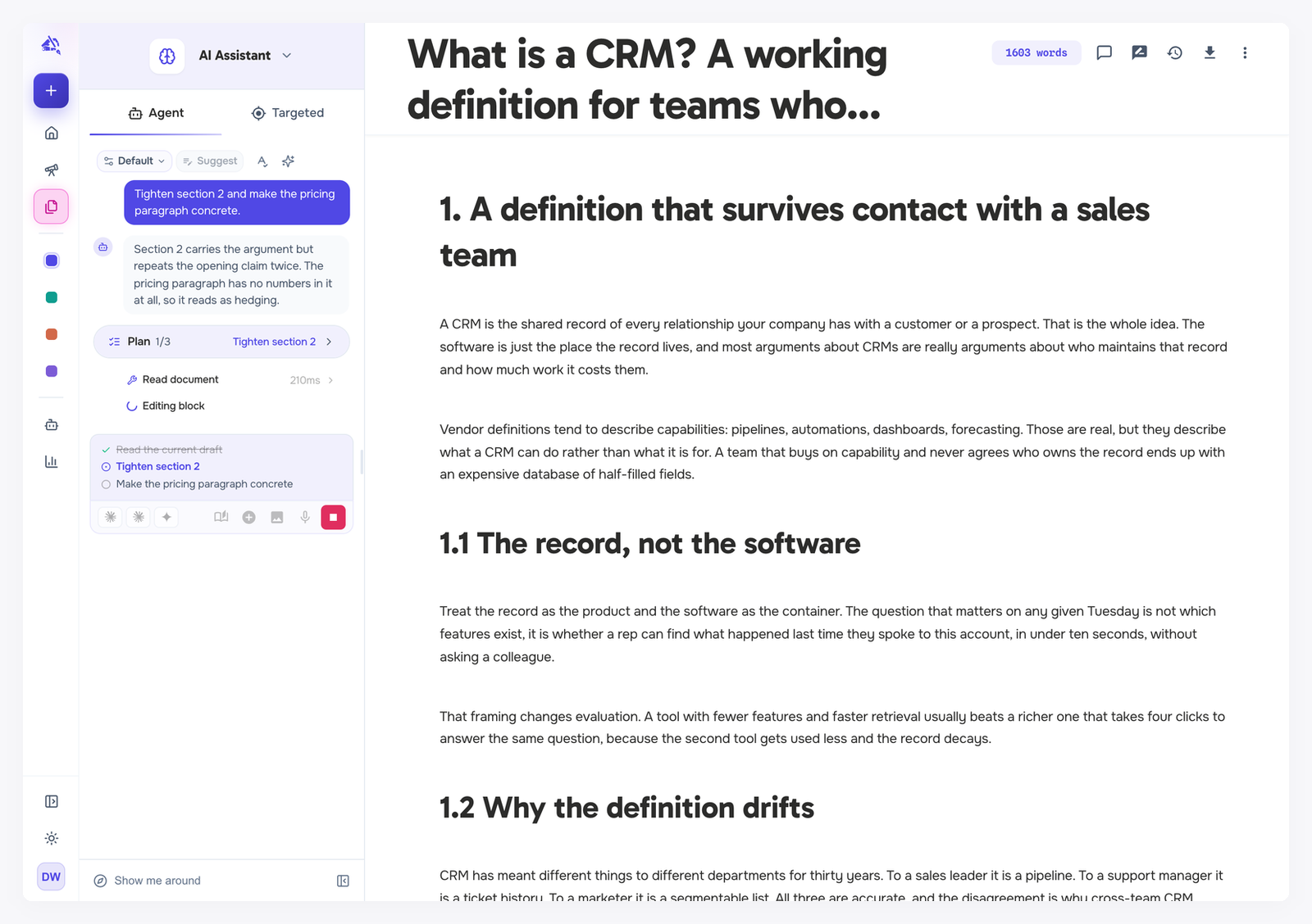 The Agent tab mid-run: the request, the agent's assessment of the draft, a plan at step 1 of 3, a completed Read document step, an Editing block step in progress, a checklist of tasks and a red stop button