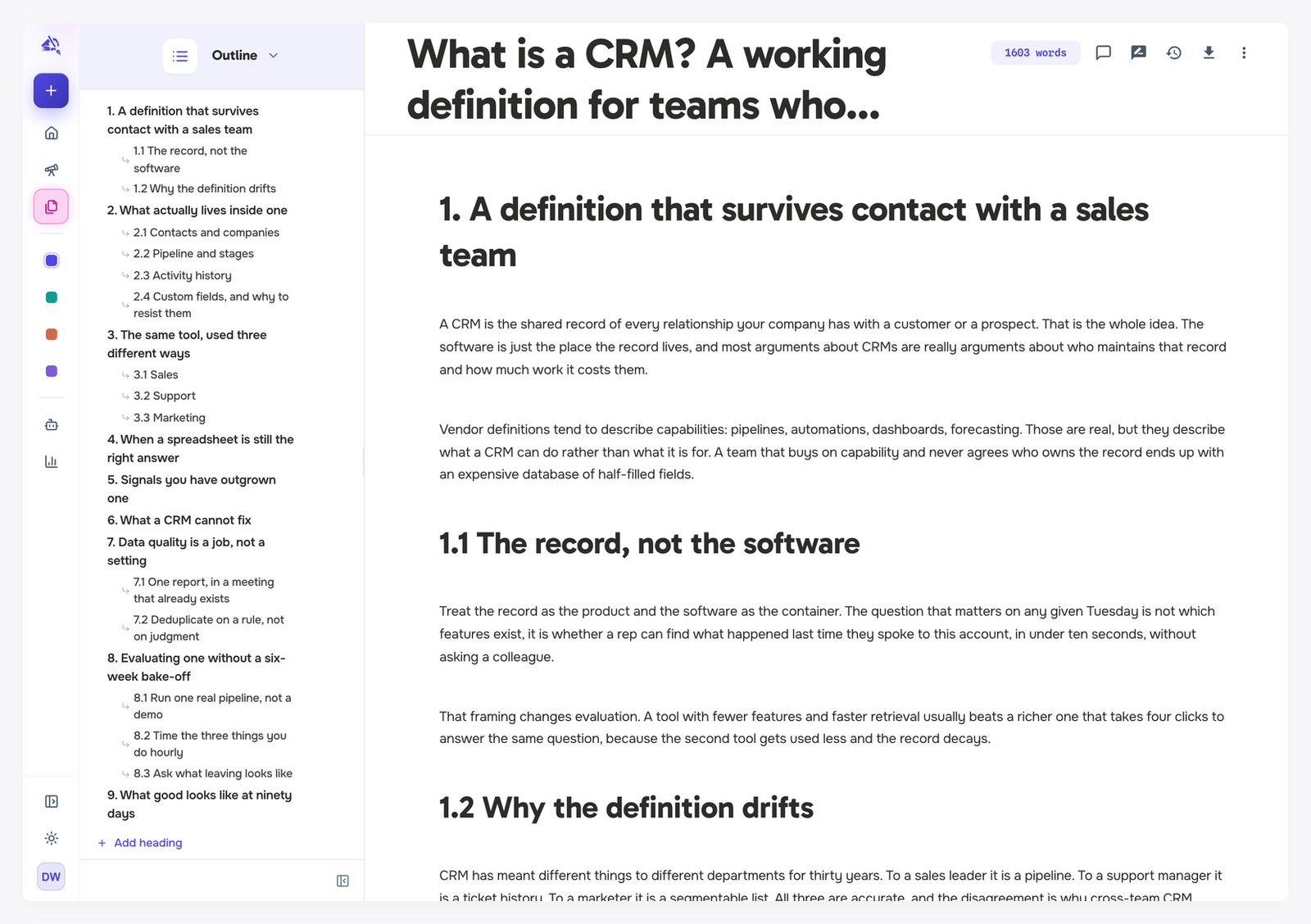 The Outline view in the sidebar, listing the article's numbered headings and subheadings with an Add section link at the bottom
