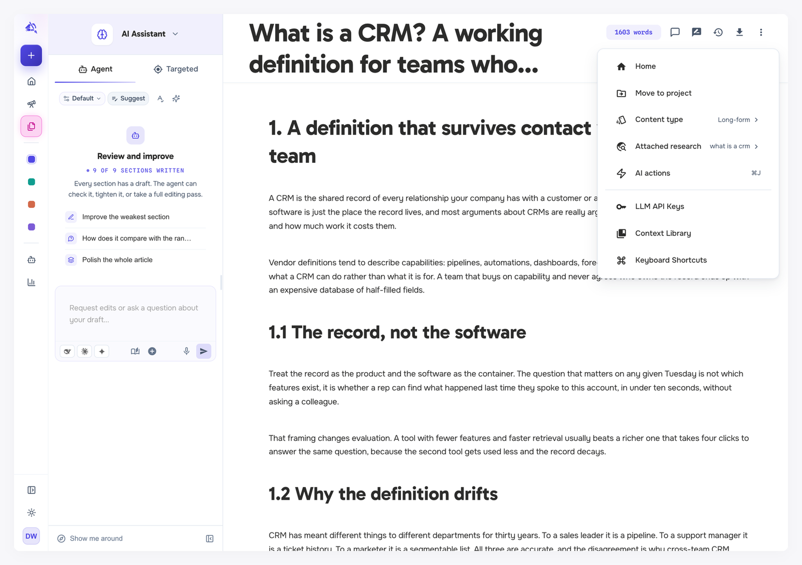 The More Options menu open, listing Home, Move to project, Content type set to Long-form, Attached research set to what is a crm, AI actions (⌘J), LLM API Keys, Context Library and Keyboard Shortcuts