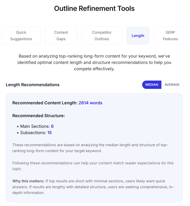 The Length tab showing recommended content length and structure, including target word count, number of main sections, and subsections based on top-ranking content.