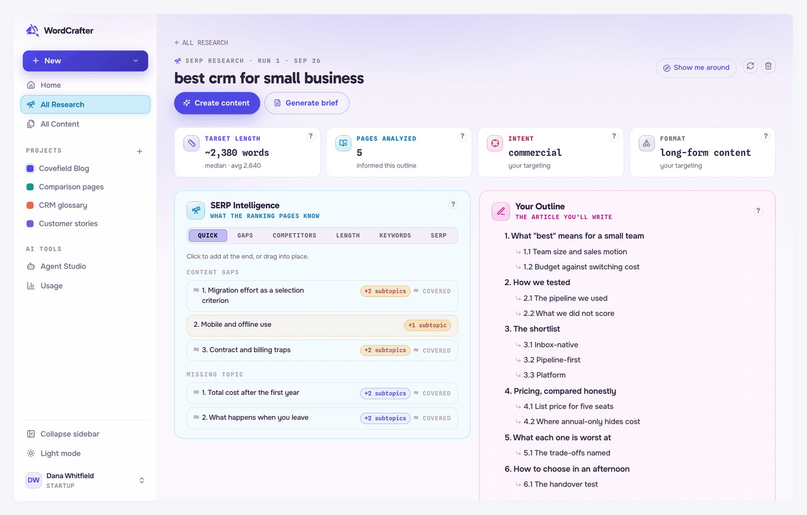 Animation: a research for best crm for small business, with its outline on the right, moving through the Gaps, Keywords and SERP tabs of SERP Intelligence on the left