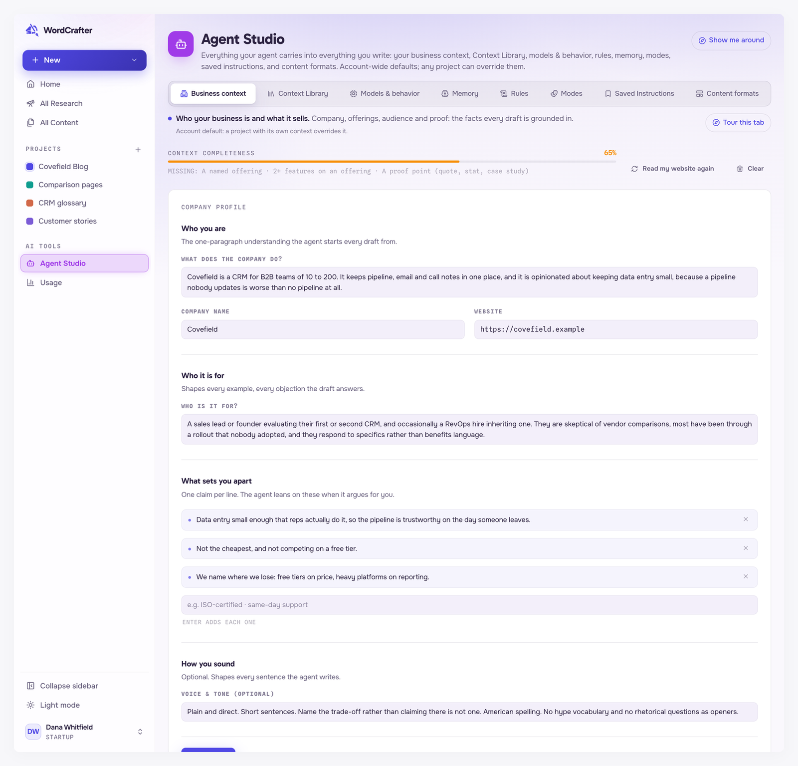 Business context in Agent Studio: what the company does, its name and website, who it is for, what sets it apart, and voice and tone