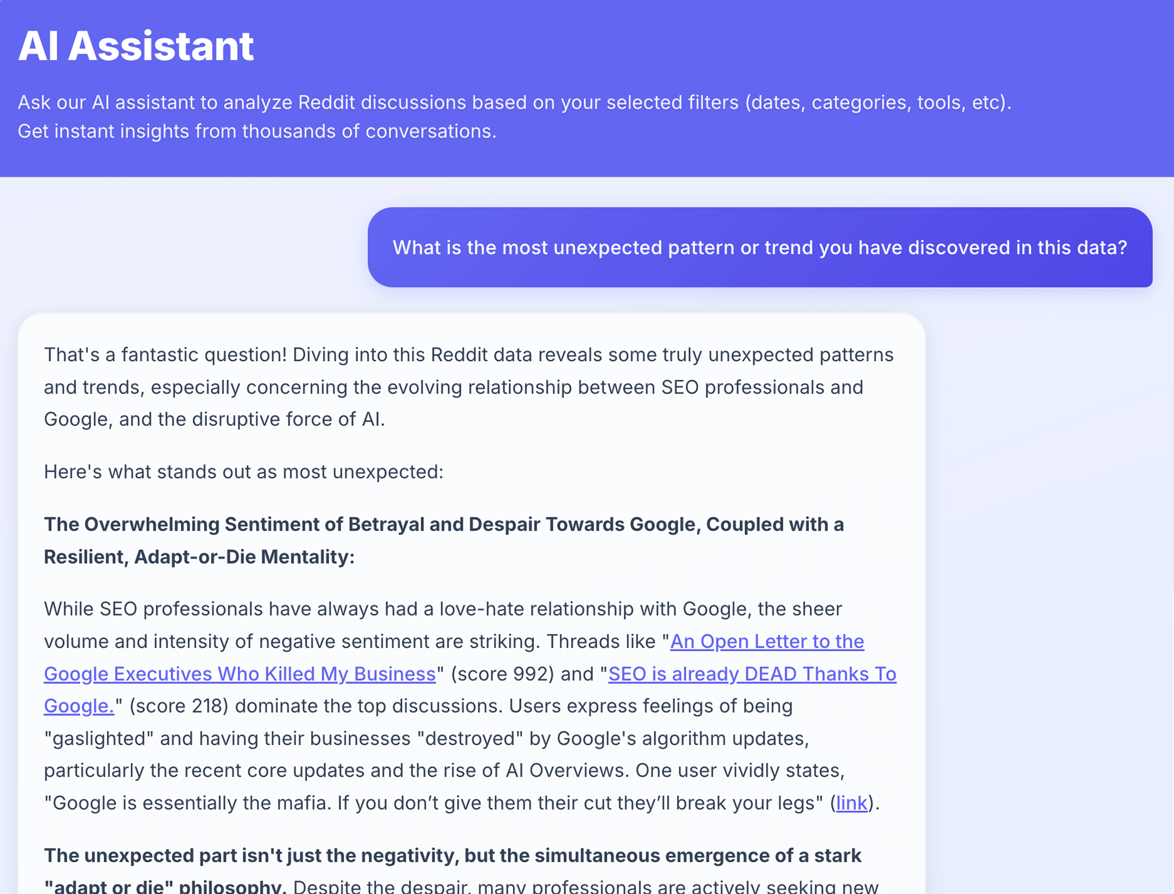 AI Assistant chat answering which unexpected trend it found, describing overwhelming betrayal sentiment toward Google with linked example threads.