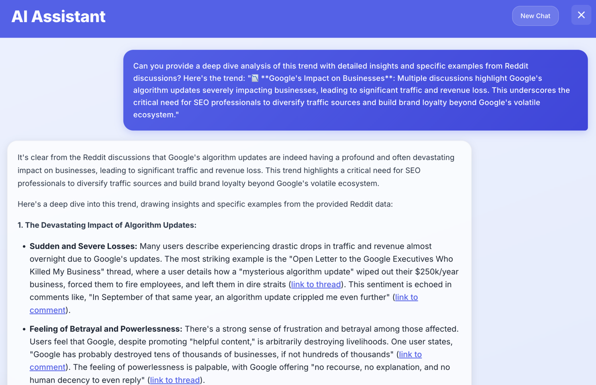 AI Assistant chat panel giving a deep-dive analysis of Google's algorithm impact on businesses, citing example Reddit threads and linked comments.