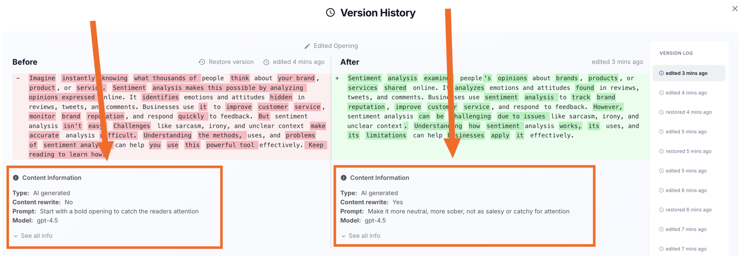 Version History modal with both Content Information panels highlighted, showing each version's type, rewrite status, prompt, and model.