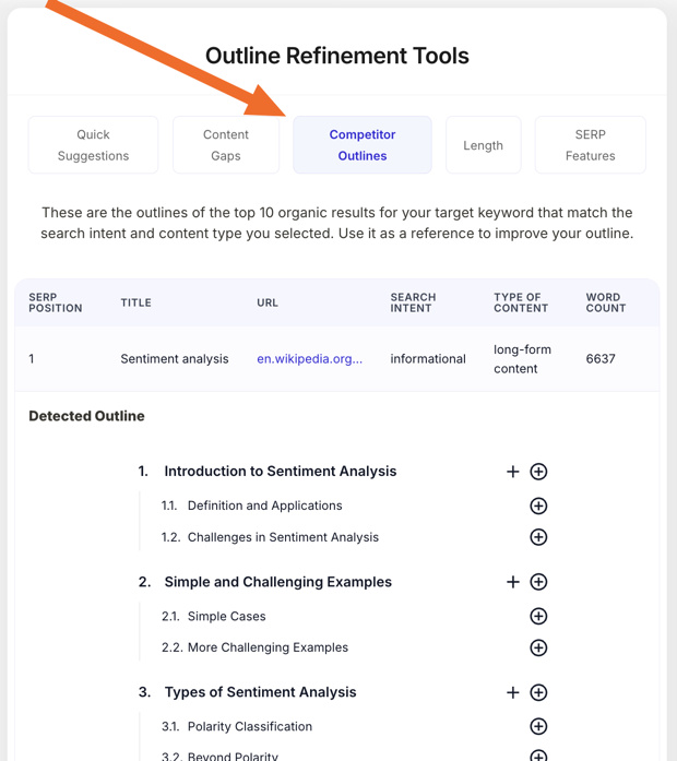 Competitor Outlines tab showing a top-ranking result's details and its detected heading structure to reference, with add-to-outline buttons.