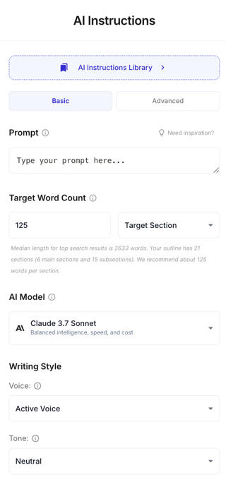 Basic AI Instructions tab showing prompt field, target word count, AI model selector, and Writing Style voice and tone dropdowns.
