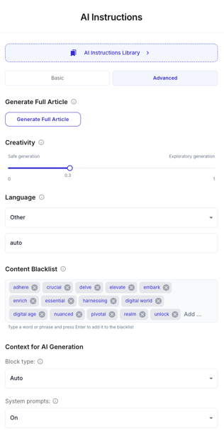 Advanced AI Instructions tab with Generate Full Article, creativity slider, language, content blacklist chips, and generation context options.
