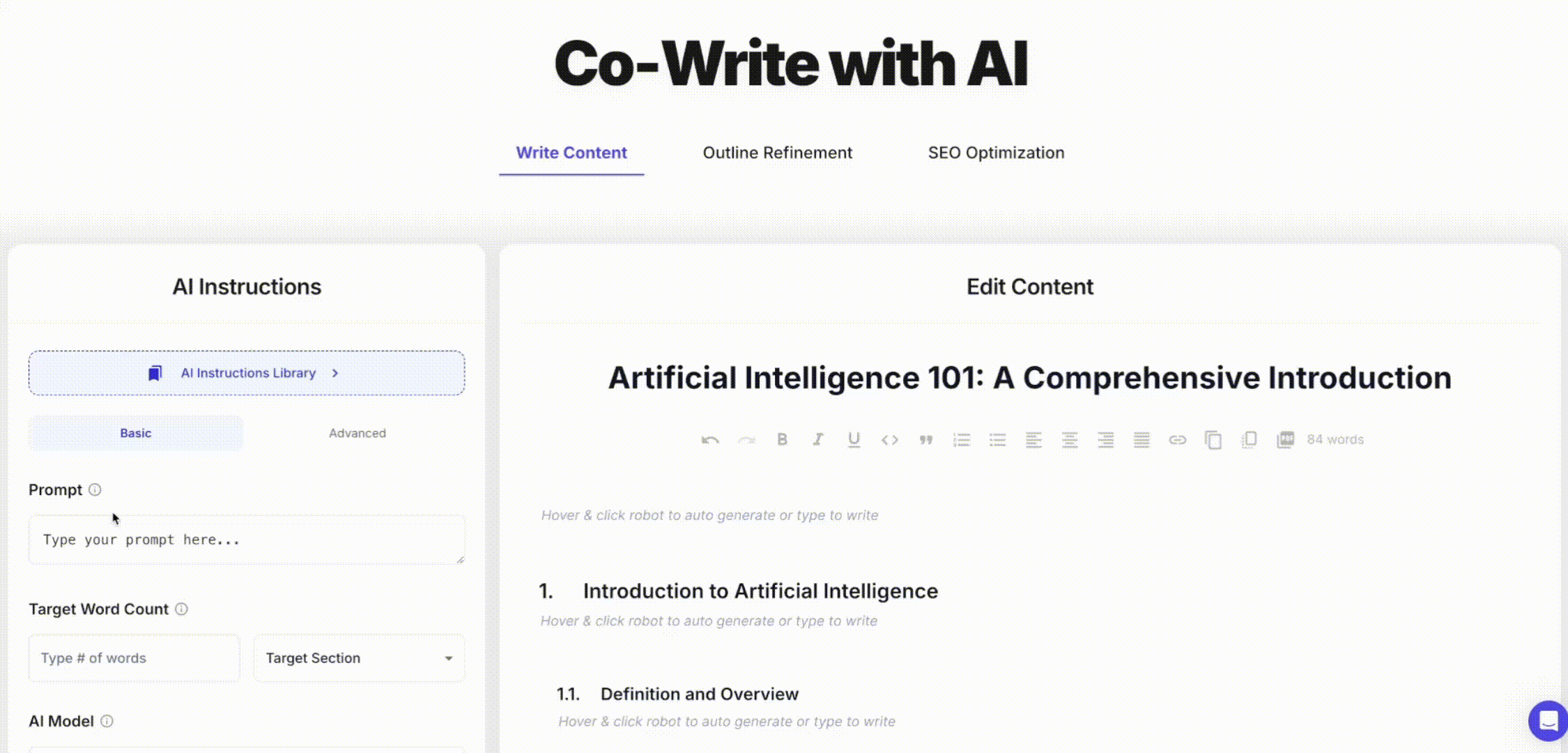 Animation showing AI writing content into an empty section of the editor after clicking the robot generate button.
