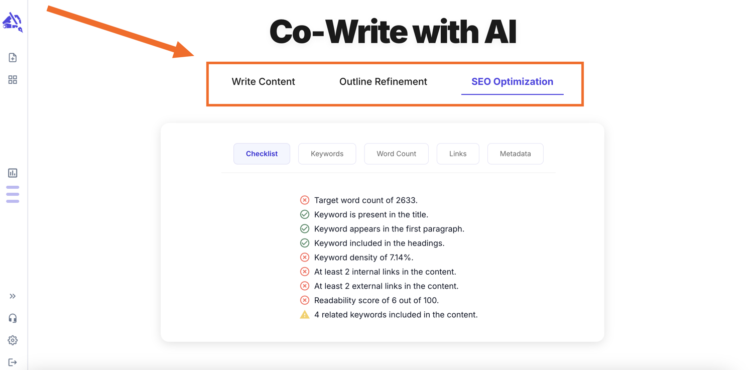 Co-Write screen with the SEO Optimization tab highlighted, showing an SEO checklist of passed and failed criteria.