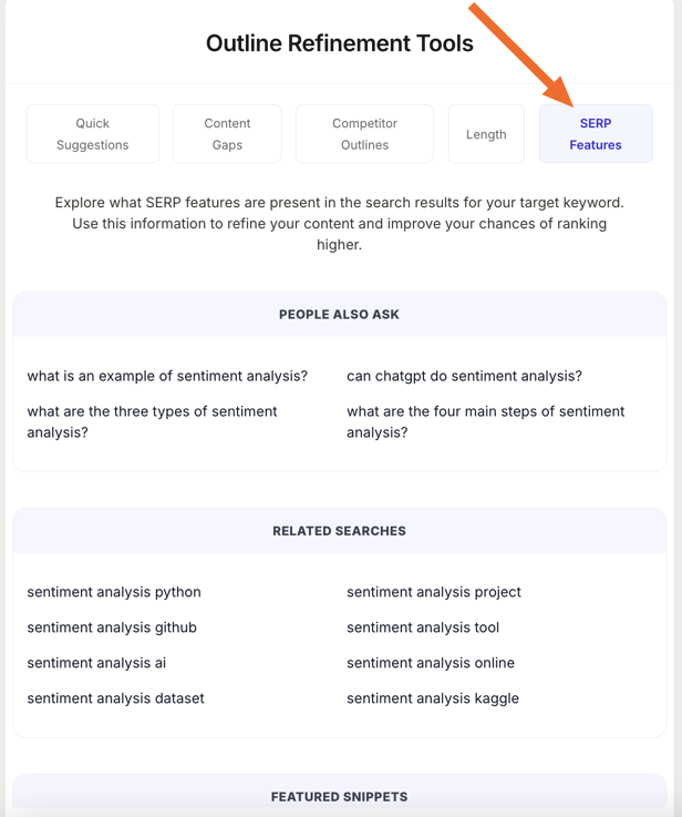 SERP Features tab displaying People Also Ask questions and Related Searches pulled from the keyword's search results.