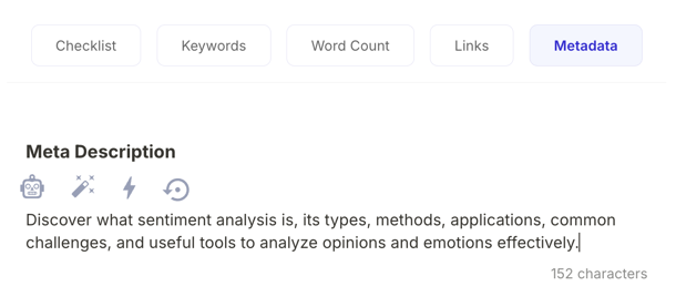 SEO Metadata tab showing an editable 152-character meta description for the article with AI generate icons.