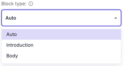 Block type dropdown opened in advanced settings, offering Auto (selected), Introduction, and Body.