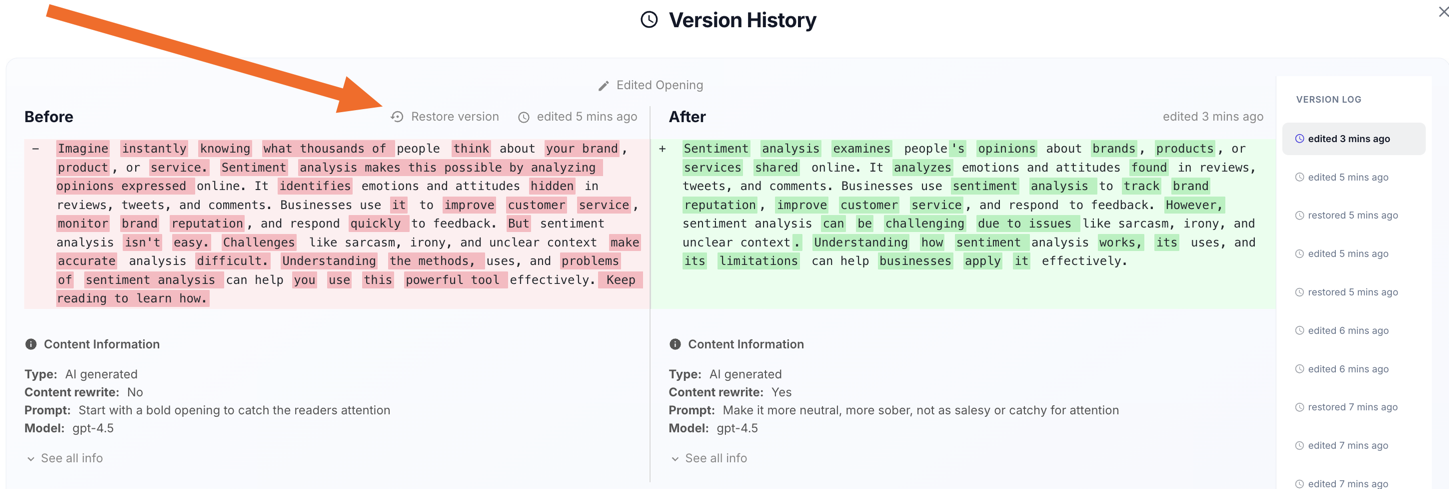 Version History modal with the 'Restore version' link highlighted above the Before column.