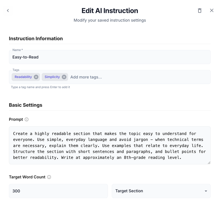 Edit AI Instruction view for the 'Easy-to-Read' preset, showing name, tags, prompt text, and target word count fields.