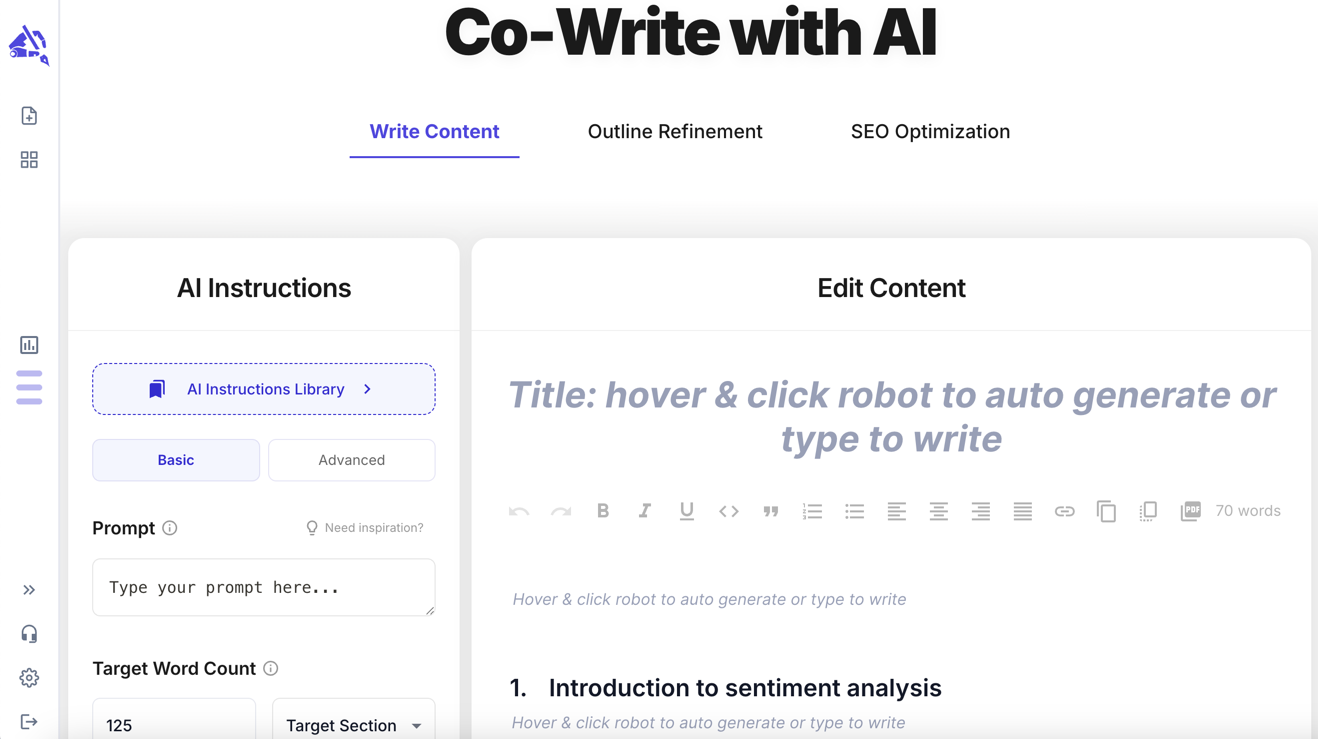 Step 5, Co-Write with AI, with the AI Instructions panel on the left and the Edit Content editor on the right showing the outline.