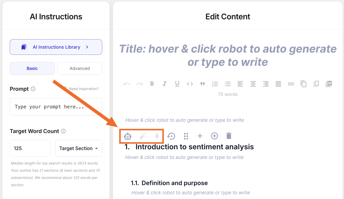 Edit Content editor with a highlighted hover toolbar of robot, magic-wand, and lightning icons used to auto-generate a section.
