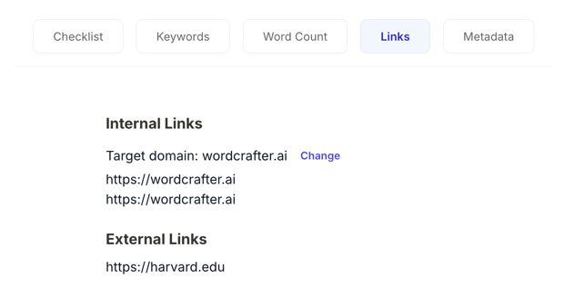 SEO Links tab listing internal links to the wordcrafter.ai target domain and an external link to harvard.edu.
