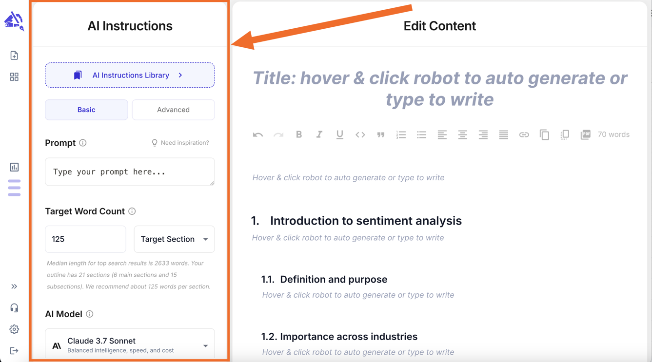 Co-Write screen with the left AI Instructions panel highlighted, showing the library button, Basic/Advanced tabs, prompt, word count, and model.