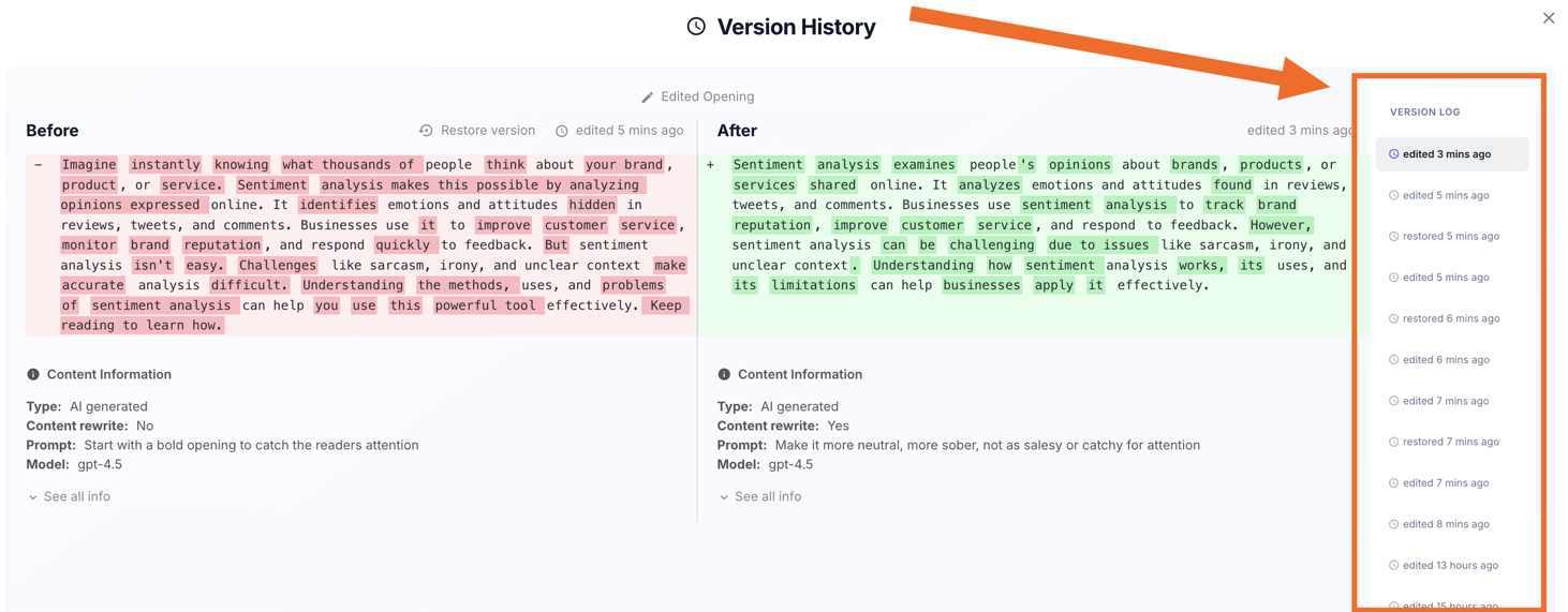 Version History modal with the right-hand Version Log of timestamped edits and restores highlighted.
