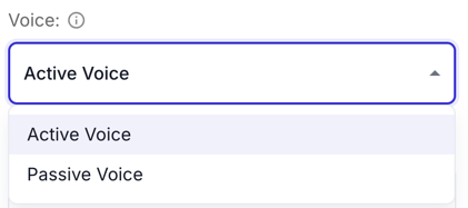 Voice dropdown opened in Writing Style, offering Active Voice (selected) and Passive Voice.