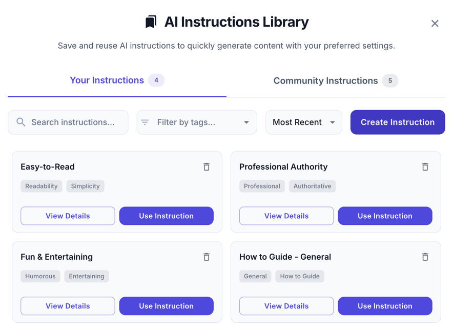 AI Instructions Library modal with Your Instructions and Community Instructions tabs showing saved preset cards with tags and Use buttons.